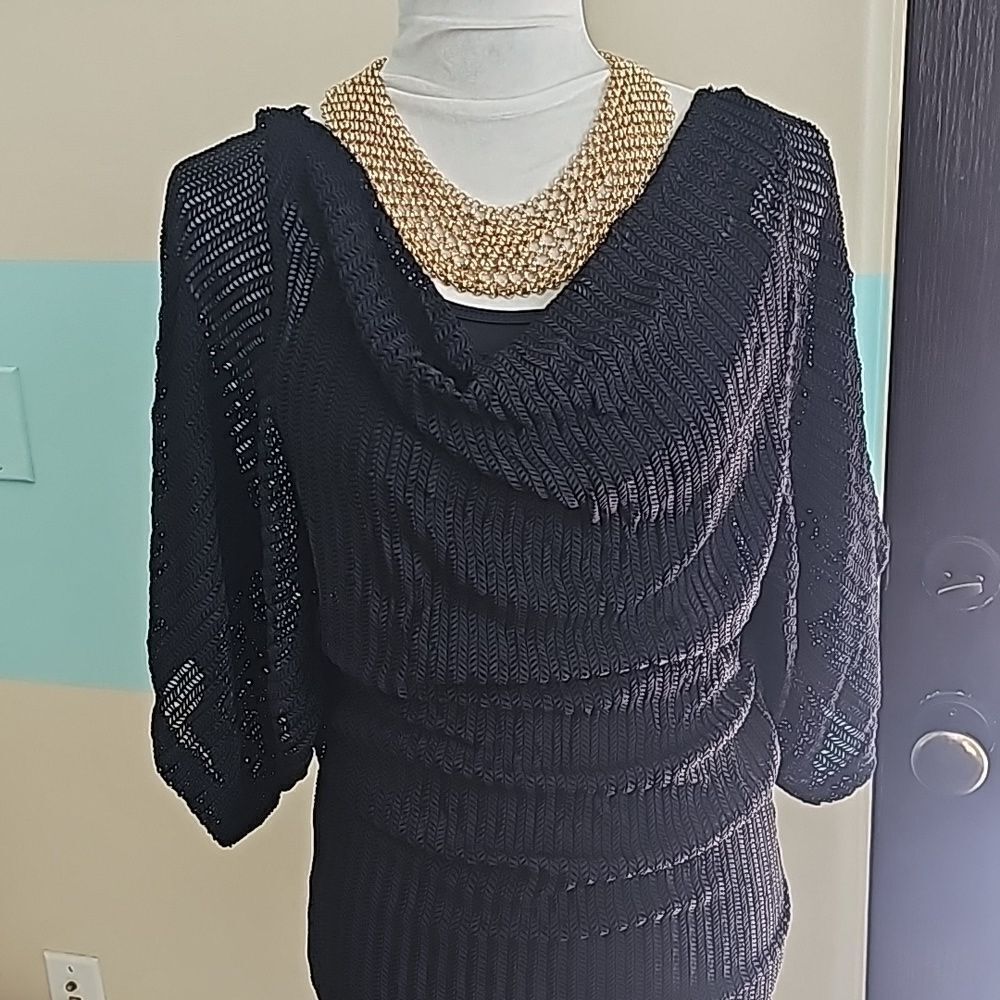 Black cowl neck open weave pullover top size small